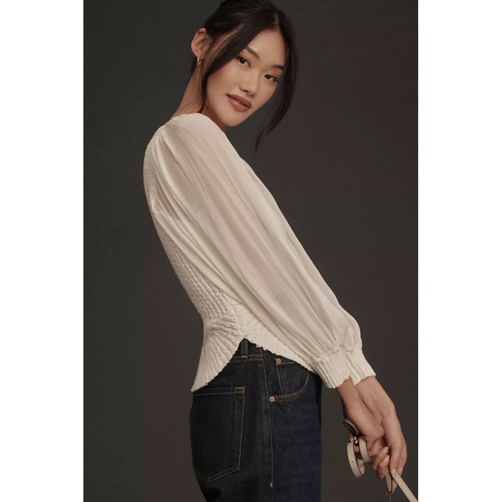 NWT! ANTHROPOLOGIE‎ Sheer Long-Sleeve V-Neck Knit Sweater Ivory Cream Size S - Picture 2 of 11